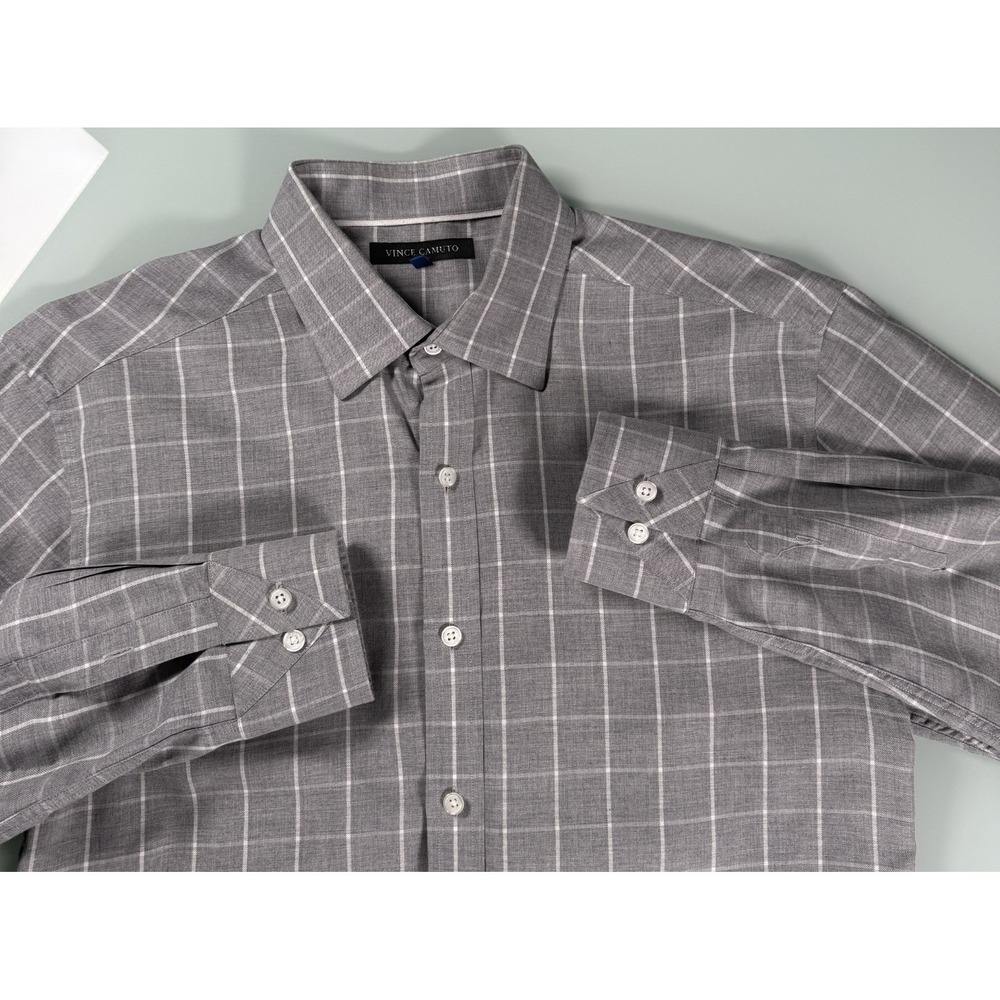 Vince Camuto Dress Shirt Mens M Gray Checkered Long Sleeve Button up DadCore
